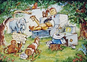 Painting of teddy bear being scanned