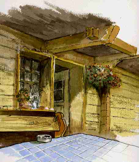 Watercolour detail of Swiss chalet