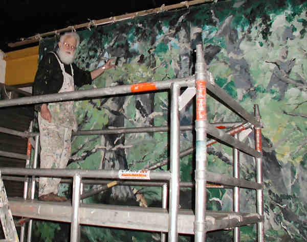 Brian on scaffolding painting tree backcloth